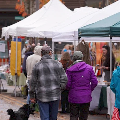 People browse outdoor market stalls under tents; a variety of goods and autumn decor are visible.