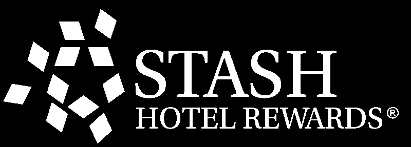 The image shows the STASH Hotel Rewards logo with white text and a diamond-pattern icon on a black background, branding per the program. logo on footer section.