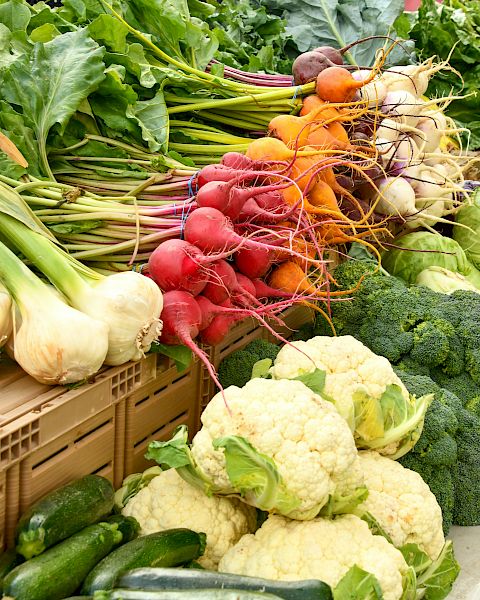 A vibrant display of fresh vegetables: carrots, radishes, cauliflower, broccoli, cabbage, onions, leeks, and greens arranged at a market.