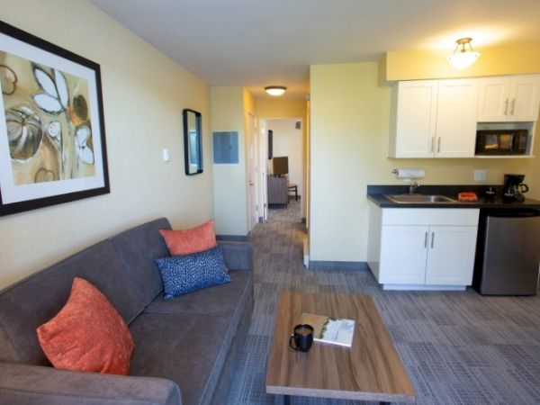 The image shows a living area with a couch, colorful cushions, a coffee table, kitchenette, and artwork on the wall.