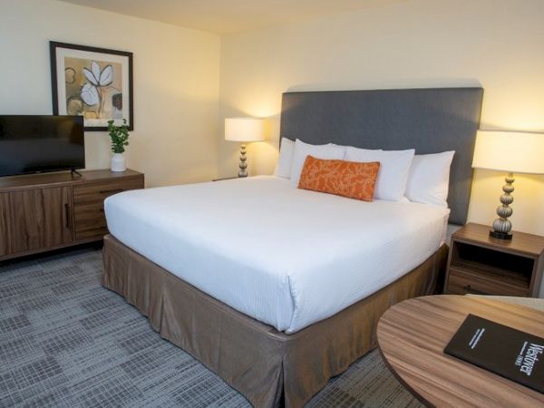 A neatly arranged hotel room with a large bed, two bedside lamps, a TV on a dresser, and a small table with a booklet on it.