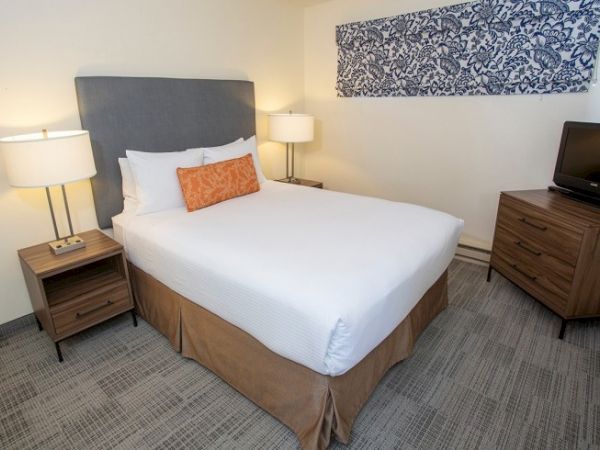 A tidy hotel room with a queen-size bed, two lamps, bedside tables, a TV on a dresser, and patterned wall art behind the bed.