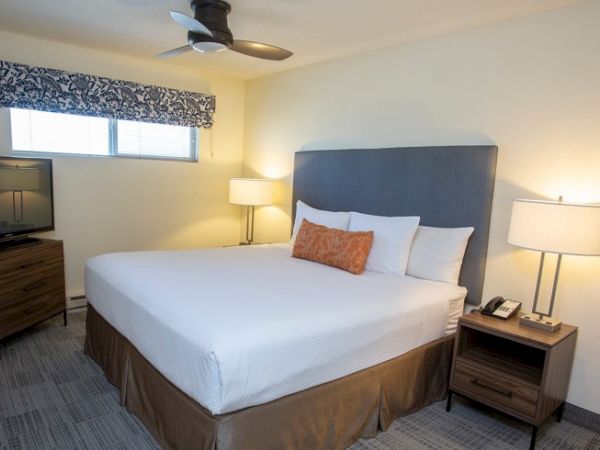 A hotel room with a large bed, two lamps, a TV, a ceiling fan, and a window with curtains. The room has a clean and modern design.