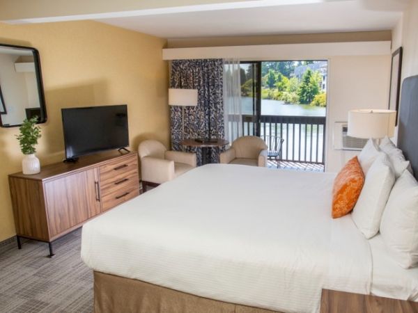 A cozy hotel room with a bed, TV, chairs, and a view of a lake through sliding doors, featuring simple, modern decor and warm tones.