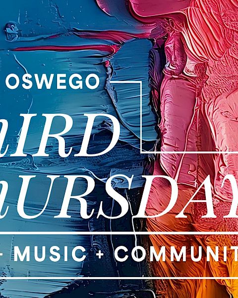 A colorful banner for Lake Oswego Third Thursday: art, music, and community, with bold white text and a framed design.