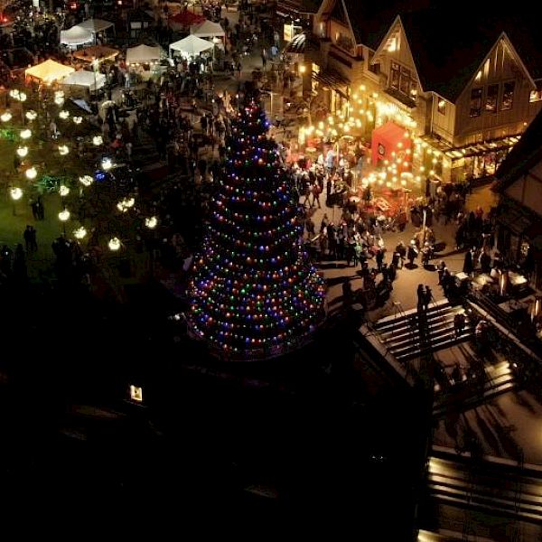 Aerial view of a festive, illuminated Christmas market with a large decorated tree, booths, and a crowd of people enjoying the event.