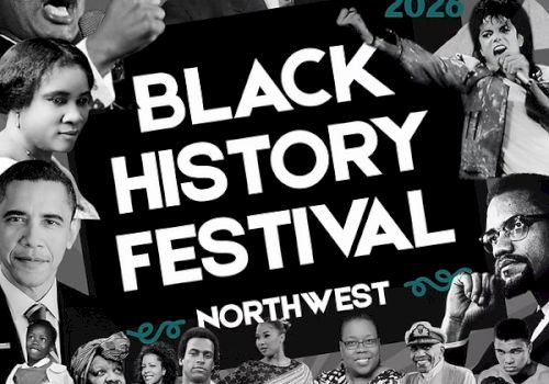 Black History Festival poster for Portland/Seattle area Feb 1&ndash;28, 2020, celebrating 100 years of Black history with images of Black leaders and community.