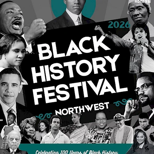 Black History Festival poster for Portland/Seattle area Feb 1&ndash;28, 2020, celebrating 100 years of Black history with images of Black leaders and community.