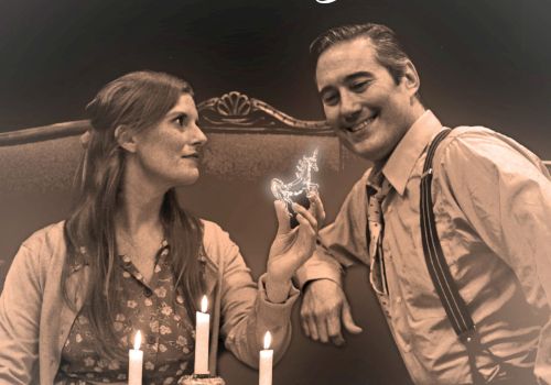 The Glass Menagerie &ndash; a vintage scene with a couple, candles, and a delicate moment, styled in soft, nostalgic sepia tones.