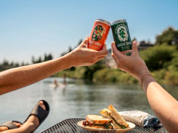 Two people clink cans of soda over a lakeside picnic with sandwiches on a table, sunny day, relaxed vibe.