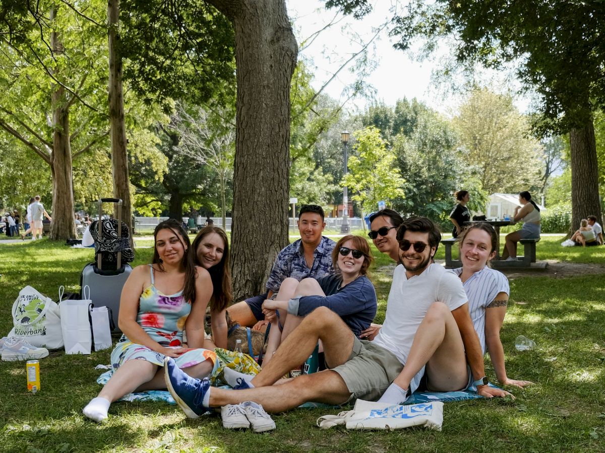 A group of friends relaxing on a sunny park lawn, sitting under trees with bags and drinks, enjoying a picnic together.