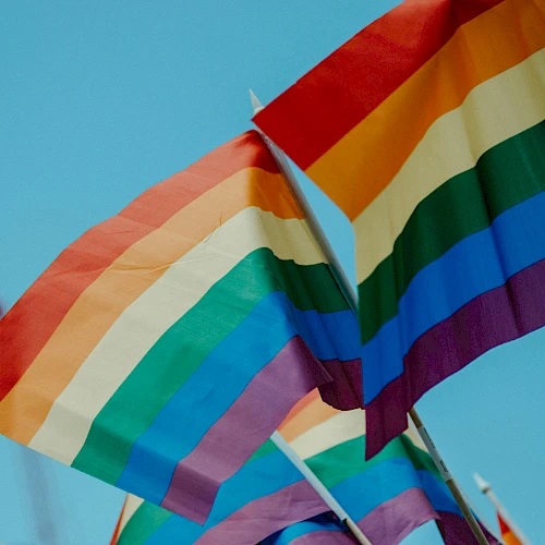 Several rainbow Pride flags waving in the wind against a blue sky, symbolizing LGBTQ+ pride and inclusivity, vibrant colors fluttering brightly.