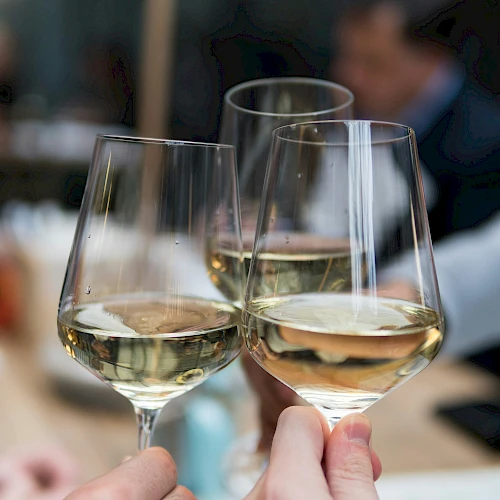 Two people clinking wine glasses in a cozy dining setting, toasting as blurred friends chat in the background.